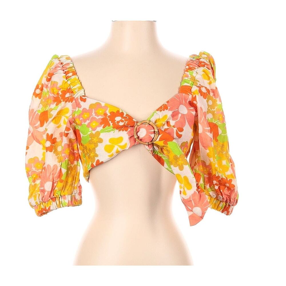 Place Nationale Linen Sweetheart Crop Top Size 1 S Floral Orange Daisy Puff Open